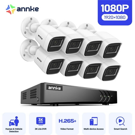 ANNKE 2MP Security Camera System, 8 Channel 3K Lite DVR Recorder with AI Motion Detection, 8X 1080P Add-on Wired Cameras with 65ft IR Night Vision, IP67, 3.6mm Lens, 0TB HDD, White