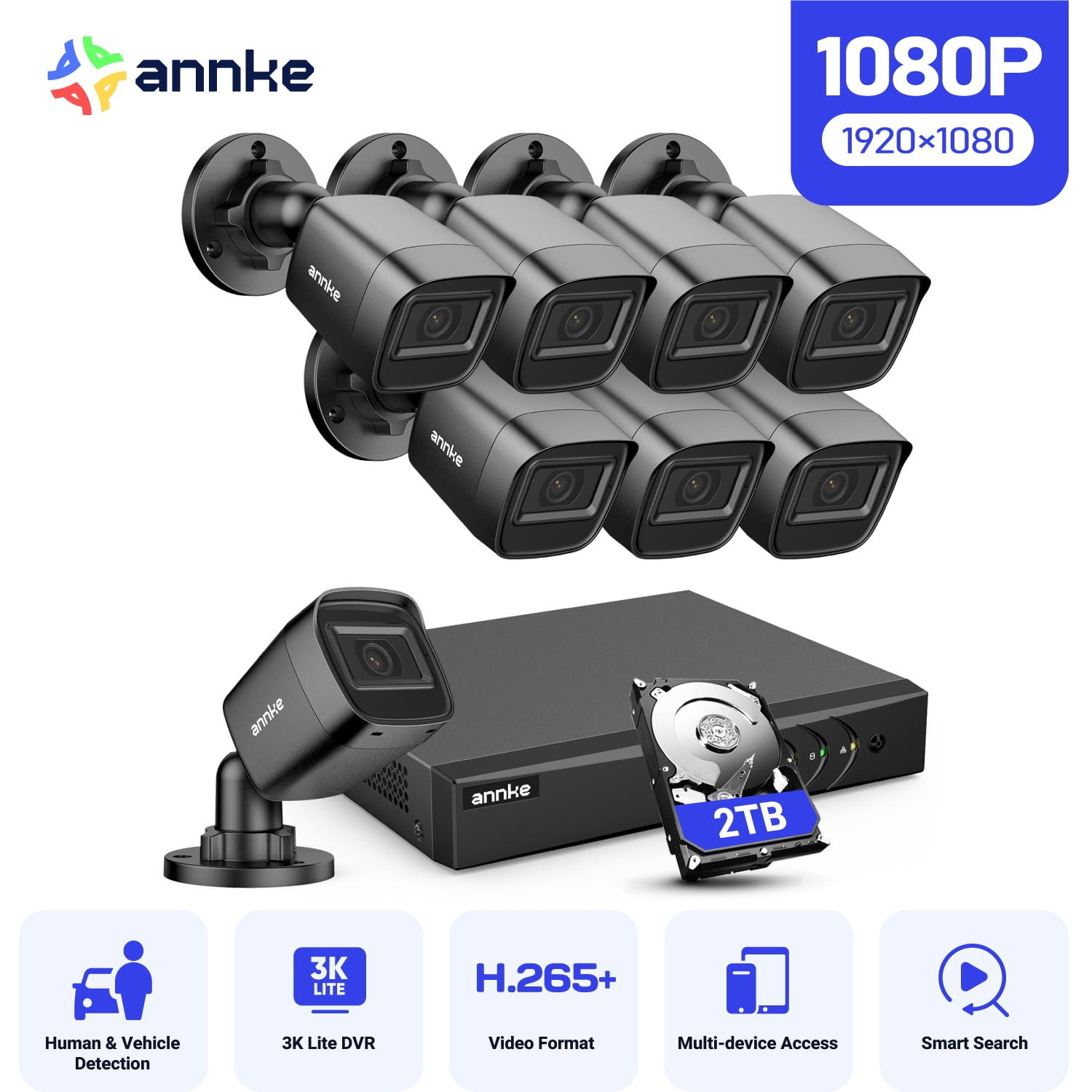 ANNKE 2MP Security Camera System, 8 Channel 3K Lite DVR Recorder with AI Motion Detection, 8X 1080P Add-on Wired Cameras with 65ft IR Night Vision, IP67, 3.6mm Lens, 2TB HDD, Black