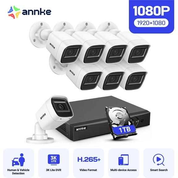ANNKE 2MP Security Camera System, 8 Channel 3K Lite DVR Recorder with AI Motion Detection, 8X 1080P Add-on Wired Cameras with 65ft IR Night Vision, IP67, 3.6mm Lens, 1TB HDD, White