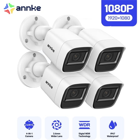 ANNKE 2MP Wired Security Camera, 1080P HD TVI Add-on Outdoor CCTV Bullet Cameras, 66ft IR Night Vision, IP67 Weatherproof for Home & Business Surveillance, 4 Pack