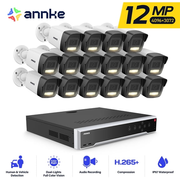 ANNKE 32‑Channel PoE Security Camera System,12MP Ultra HD 16‑Pack H.265+ NVR with Outdoor IP Bullet Cameras,AI Human & Vehicle Motion Detection,Night Vision,IP67,Built‑in Microphone