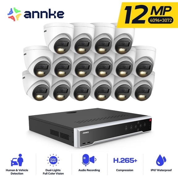 ANNKE 32CH 12MP PoE Security Camera System with AI Human Vehicle Motion Detection, 12MP H265+ NVR and 12MP Ultra HD Outdoor IP Conch Type Cameras, Night Vision, IP67, Built-in Mic