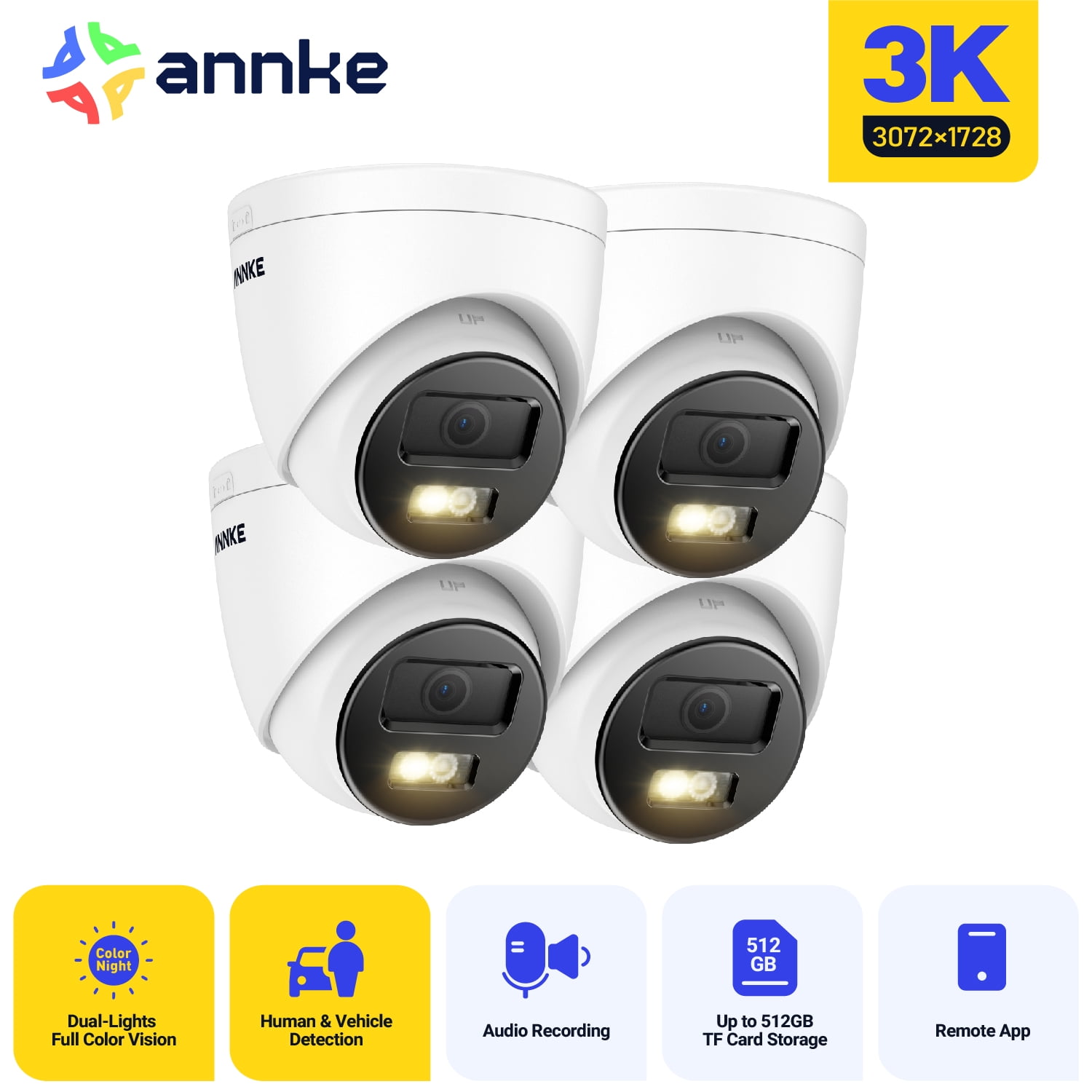 ANNKE 3K 4PCS PoE Security Camera, Outdoor Turret Surveillance Wired Cameras for Home Security, AI Human/Vehicle Detection, Smart Dual Light, Color Night Vision, 120 dB WDR, 2.8mm Lens, Built-in Mic