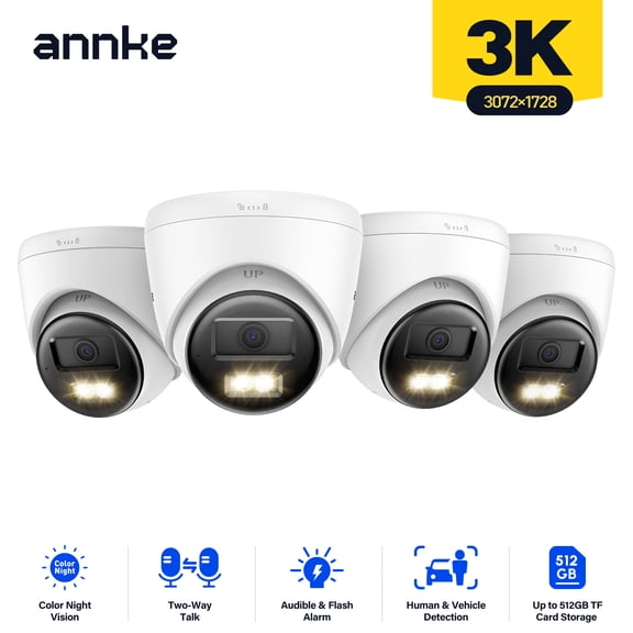 ANNKE 3K Dual Light Outdoor PoE Security Camera,123° Wide Angle 3072 X 1728 @ 20fps 4Pcs Dome Camera,Color & IR Night Vision,Two-Way Audio cameras for home security