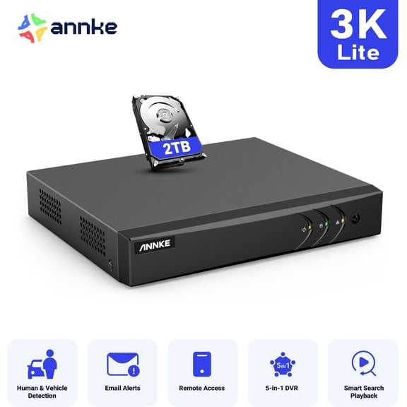 ANNKE 3K Lite 16CH Security Video Recorder, Human/Vehicle Detection,2TB HDD,H.265+ 5-in-1 Hybrid DVR, Supports 16CH Analog and 2 IP Cameras for Home Business CCTV Surveillance