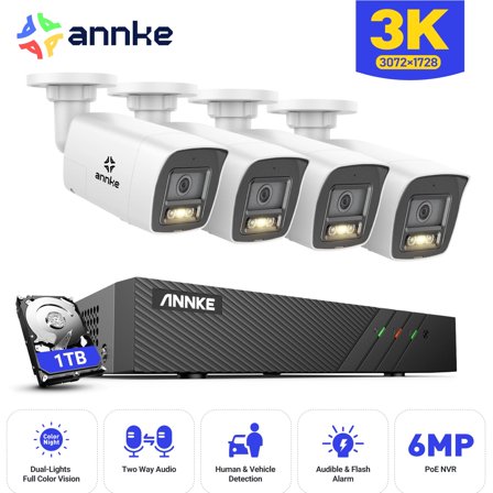 ANNKE 3K POE AI Color Night Security Camera System 2-Way Audio 8CH 6MP NVR IP67, 100ft EXIR 2.0 Color Night Vision, IP67 Weatherproof, Audible Alarm, 1TB HDD