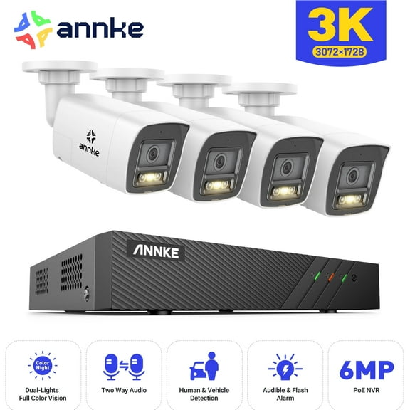 ANNKE 3K POE AI Color Night Security Camera System 2-Way Audio 8CH 6MP NVR IP67, 100ft EXIR 2.0 Color Night Vision, IP67 Weatherproof, Audible Alarm, NO HDD