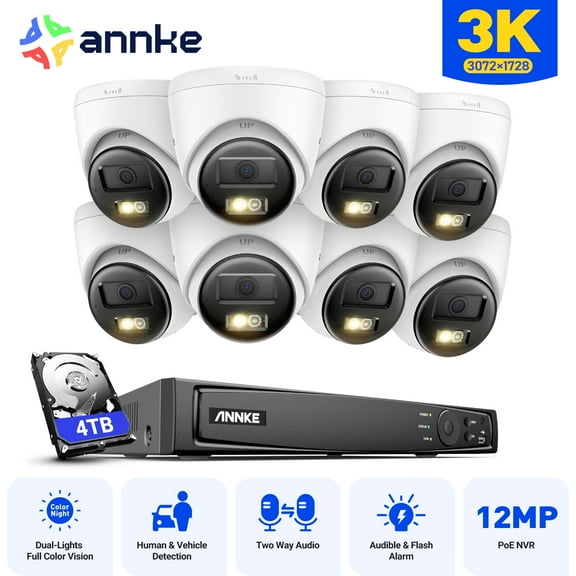 ANNKE 3K POE Color Night AI Security Camera System 2-Way Audio 16CH 12MP NVR IP67, AI Human/Vehicle Detection, Smart Dual Light, Color Night Vision, 2.8mm Lens, Built-in Mic, IP67, 4TB HDD