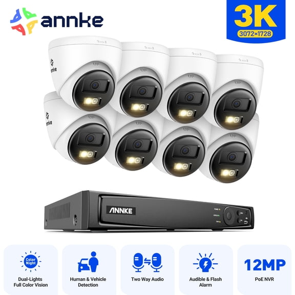 ANNKE 3K POE Color Night AI Security Camera System 2-Way Audio 16CH 12MP NVR IP67, AI Human/Vehicle Detection, Smart Dual Light, Color Night Vision, 2.8mm Lens, Built-in Mic, IP67, NO HDD