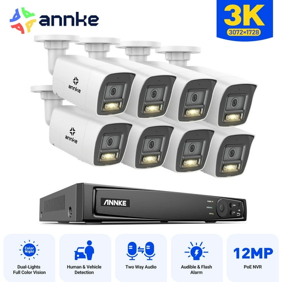 ANNKE 3K POE Color Security Camera System 2-Way Audio 16CH 12MP NVR Audible Alarm, Smart Dual Light, Audible Alarm, Color Night Vision, IP67 Waterproof, NO HDD