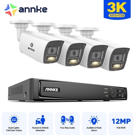 ANNKE 3K POE Color Security Camera System 2-Way Audio 8CH 12MP NVR Audible Alarm, Smart Dual Light, Audible Alarm, Color Night Vision, IP67 Waterproof, NO HDD