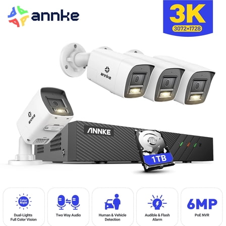 ANNKE 3K PoE H.265 Security Camera System, 4PCS 3K Bullet Cameras with AI Person Vehicle Detection, 8CH 6MP NVR with 100ft Color Night Vision, Intelligent Dual light, Two Way Audio, 1TBHDD, IP67 Wat