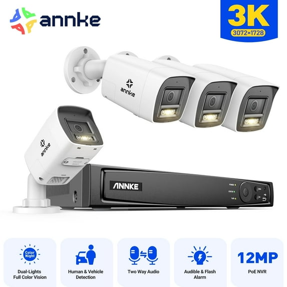 ANNKE 3K PoE Outdoor Security Camera System, 8CH 12MP NVR and 4pcs 5MP PoE Surveillance IP Bullet Camera with Smart Dual Light, Audible Alarm, Color Night Vision, IP67 Waterproof, NO HDD