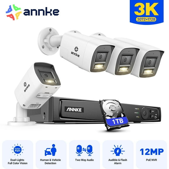ANNKE 3K PoE Outdoor Security Camera System, 8CH 12MP NVR and 4pcs 5MP PoE Surveillance IP Bullet Camera with Smart Dual Light, Audible Alarm, Color Night Vision, IP67 Waterproof, 1TB HDD