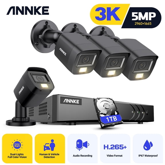 ANNKE 3K Security Camera System with Smart Dual Light, 8CH 3K Lite H.265+ Surveillance DVR with AI Human/Vehicle Detection, 4 x IP67 CCTV 3K 5MP Camera with Mic/Audio, Color Night Vision, 1TB HDD
