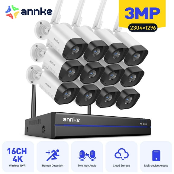 ANNKE Outdoor Security Wireless Camera System, 16CH 4K NVR Expandable with 12 Cam 3MP, 0TB HDD, Home Cameras, 100ft IR Night Vision, AI Human Detection, Alexa Support, 2-Way Audio, Plug-and-Play