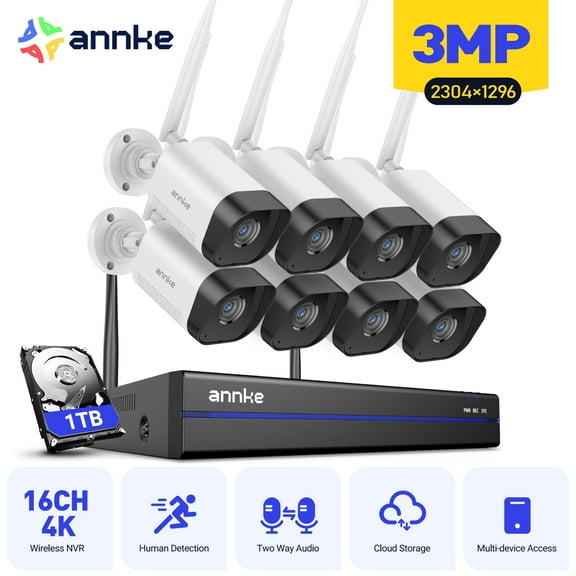 ANNKE Home Security System, Expandable 4K 16CH NVR with 3MP Cameras, 8 Pcs, 1TB HDD, Wireless Outdoor Home Security Cameras, 100ft IR Night Vision, 2-Way Audio, AI Human Detection, Remote Access