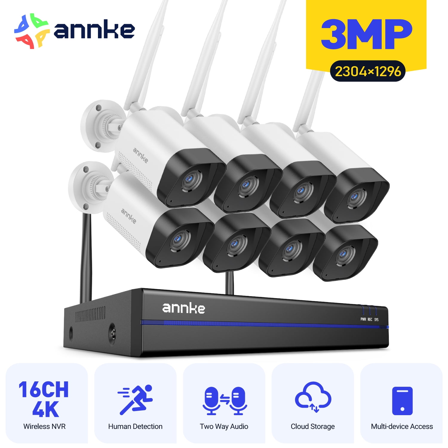 ANNKE Home Camera System, 4K 16CH NVR Kit Expandable, 0TB HDD, 3MP Wireless Home Camera 8 Pcs, 100ft Night Vision, Plug-and-Play, 2-Way Audio, AI Human Detection, Dual-Band WiFi, Remote Access