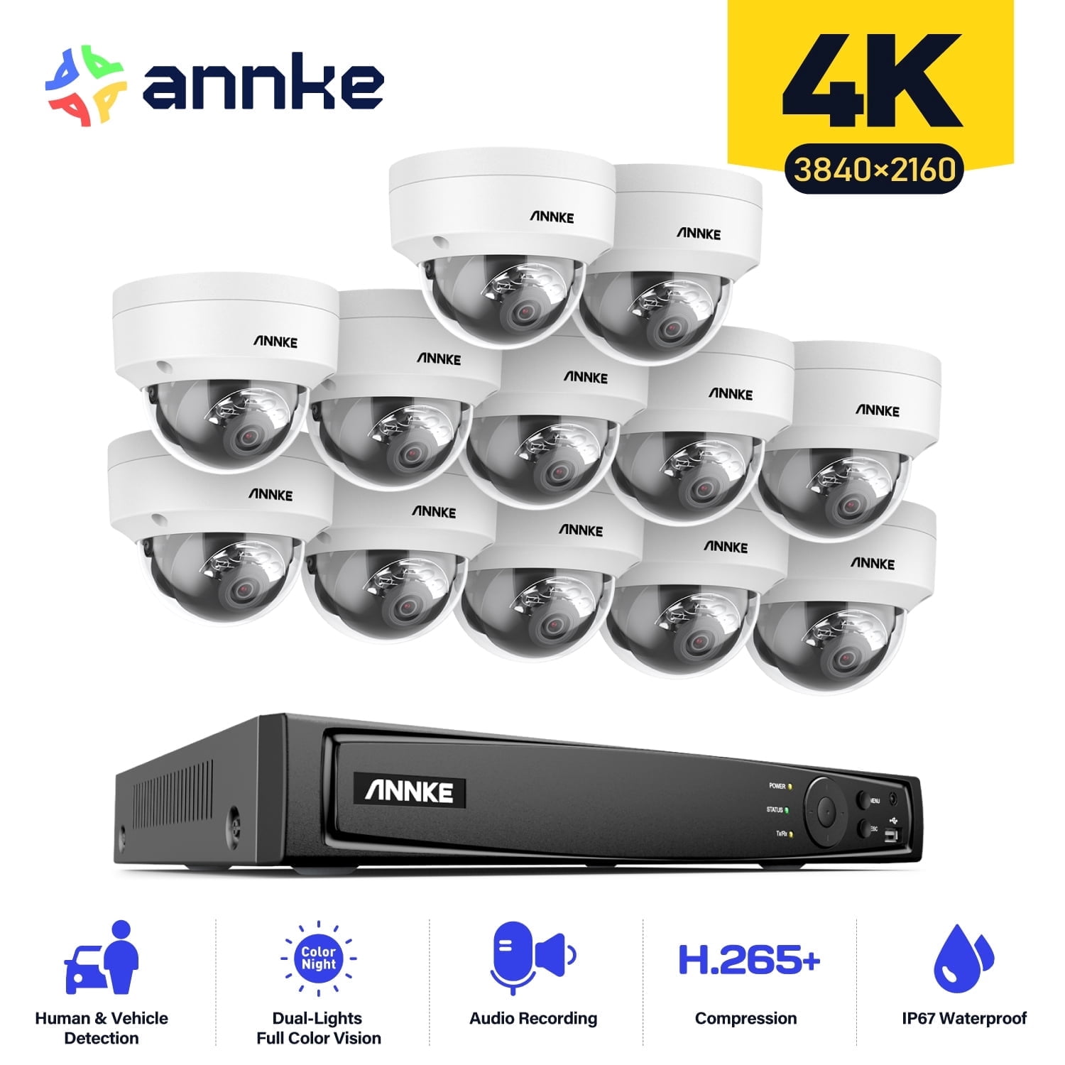 ANNKE 4K 16CH PoE Camera System, H.265+ 12MP NVR, 12X 8MP Wired Dome Security IP Cams, AI Human/Vehicle Detection, Built-in Mic, 0TB HDD, Spotlight Color Night Vision, Compatible with Alexa