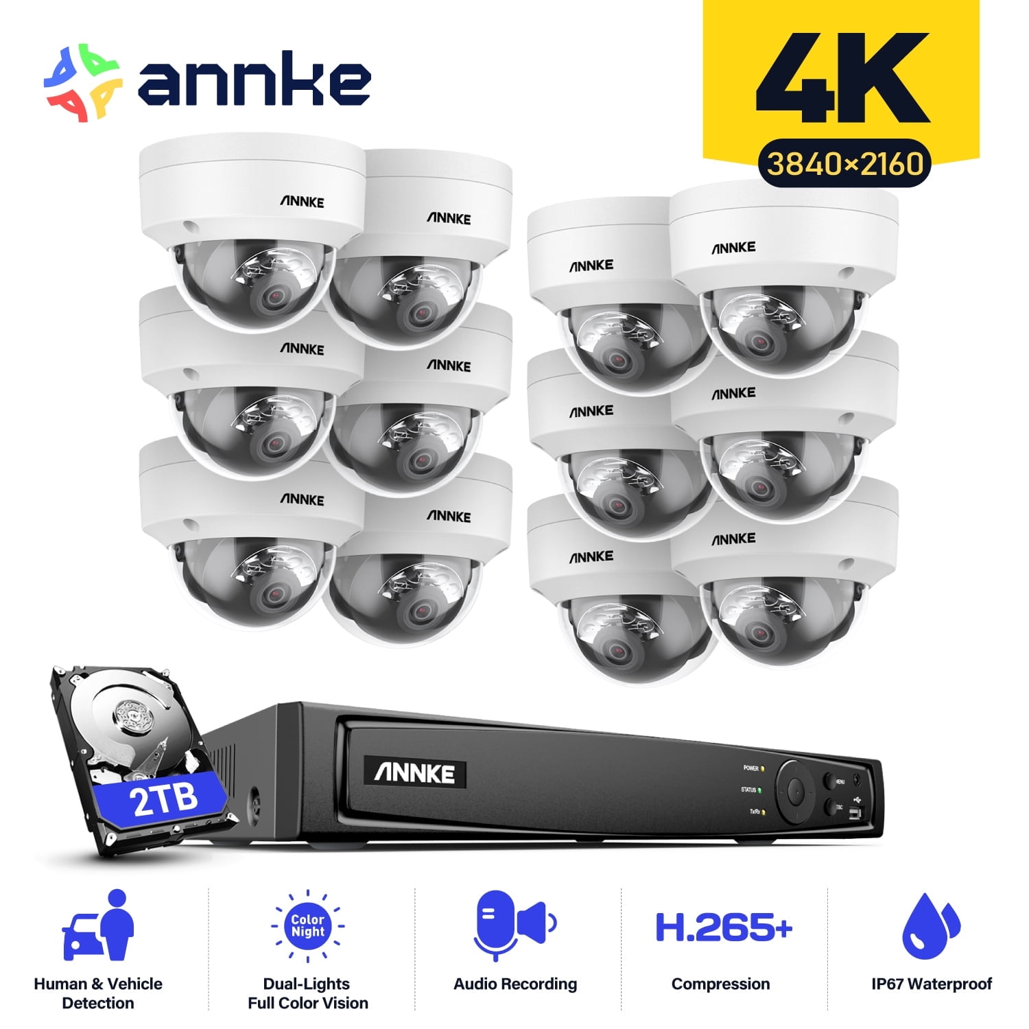 ANNKE 4K 16CH PoE Camera System, H.265+ 12MP NVR, 12X 8MP Wired Dome Security IP Cams, AI Human/Vehicle Detection, Built-in Mic, 2TB HDD, Spotlight Color Night Vision, Compatible with Alexa