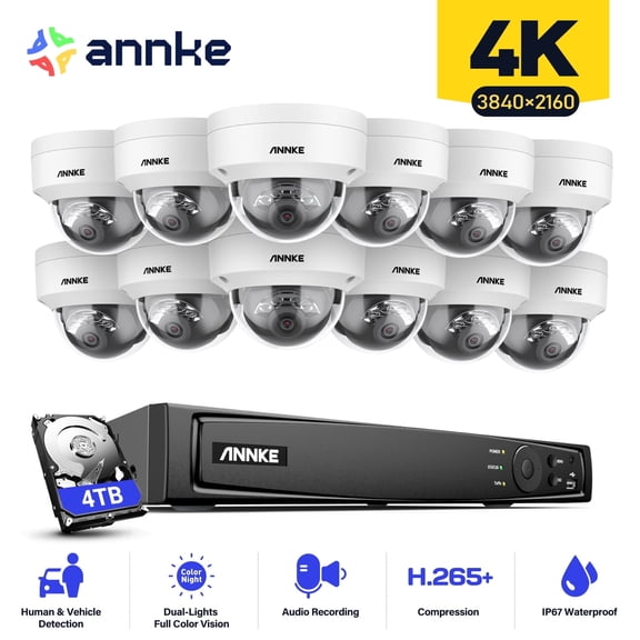 ANNKE 4K 16CH PoE Camera System, H.265+ 12MP NVR, 12X 8MP Wired Dome Security IP Cams, AI Human/Vehicle Detection, Built-in Mic, 4TB HDD, Spotlight Color Night Vision, Compatible with Alexa