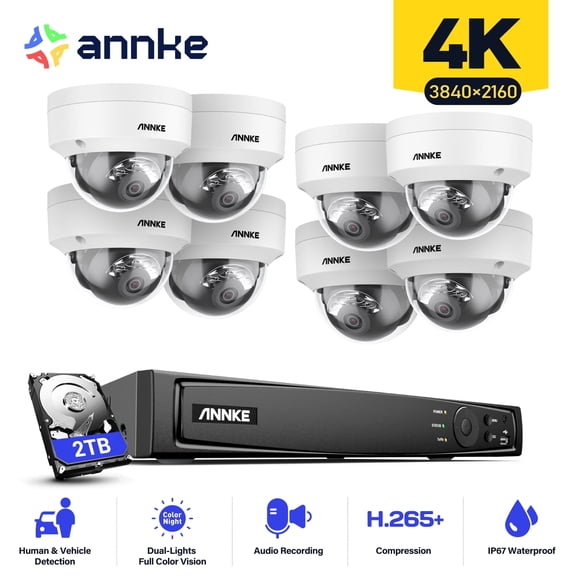 ANNKE 4K 16Ch Poe Security Camera System, 12Mp H.265 Plus Nvr, 8x 4K Dome Ip Cameras, Non-Ptz, Ai Detection, Built-in Mic, Smart Color Night Vision, 2Tb Hdd, Ip67 Waterproof