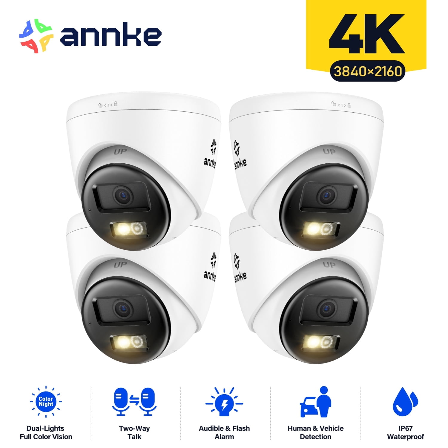 ANNKE 4K 4PCS H.265+ POE Security IP Camera Two Way Audio Outdoor AI Color Night Vision IP67, Smart Dual Light, Turret Wired Cameras, 4mm Lens, Built-in Mic, Human/Vehicle Detection, IP67 Waterproof