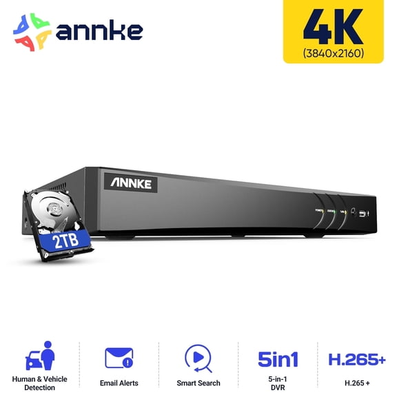 ANNKE 4K 8 CH AI DVR with Human/Vehicle Detection, 5-in-1 H.265+ Security Digital Video, Supports 8CH Analog and 4CH 8MP IP Cameras for Home CCTV System, 2TB HDD