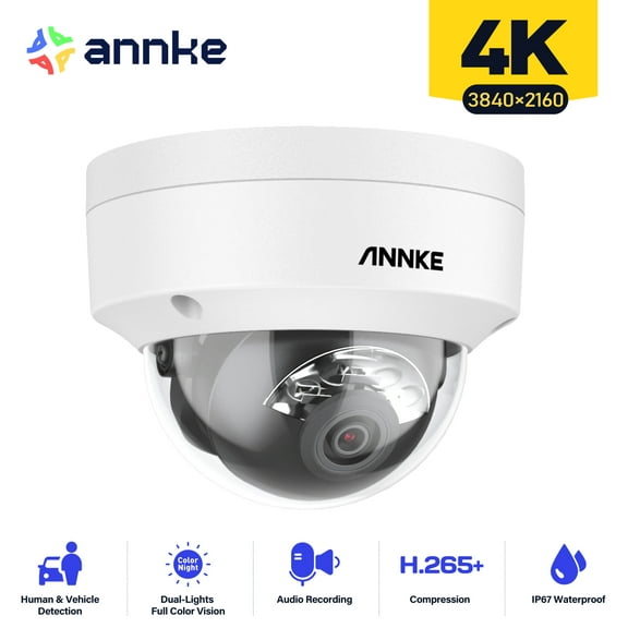 ANNKE 4K IK10 Vandal-Resistant PoE Camera, Dual Lights Night Vision, Built-in Microphone & SD Card Slot, Turret Surveillance Wired Cameras for Home Security, Color Night Vision, 4mm Lens