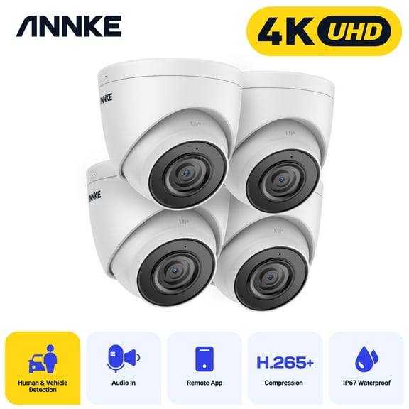 ANNKE 4K PoE Security Camera,4Pcs Dome Surveillance IP Camera with AI Human/Vehicle Detection, 4mm Lens, 100Ft IR Night Vision, IP67 Weatherproof, Remote Access, Motion Alerts
