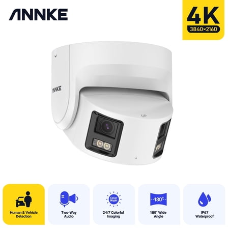 ANNKE 4K PoE Security Camera Outdoor with Dual Lens 180° Filed of View, IP Surveillance Camera Support Color Night Vision, Person/Vehicle Detection, Two-Way Talk, Built-in SD Card Slot, PoE Dual Lens