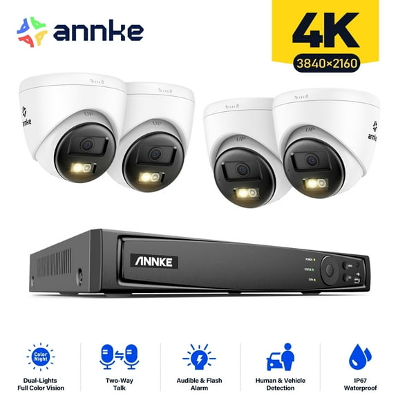 ANNKE 4K PoE Security Camera System with 2 Way Audio, 8CH 12MP H.265+ NVR and 4×4K IP Turret Cameras, IP67 Weatherproof, 100 FT EXIR Night Vision, Human and Vehicle Detection, 4mm Lents, NO HDD