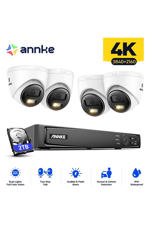 4K PoE Security Camera System, 8CH 12MP NVR, 4× 4K IP Cameras, 2-Way Audio, Night Vision, 2TB HDD