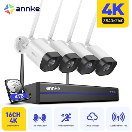 ANNKE 4K Security Camera System, 4pcs Wireless 8MP IP Cameras with 16CH 8MP NVR for Home Security Outdoors, Motion Detection, Two-Way Audio, 100ft Night Vision, Compatible with Alexa, 4TB HDD, IP66