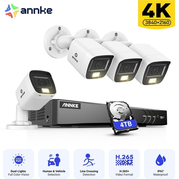 ANNKE 4K Security Camera System, 8CH 8MP AI DVR with Human & Vehicle Detection, 4TB HDD and 4x4K IP67 Bullet Home & Surveillance Cameras, Easy Remote View, Smart Dual Light