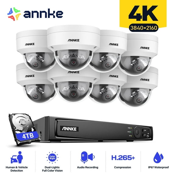 ANNKE 4K Security Camera System PoE, 16CH H.265+ 12MP NVR, 8x 4K Dome Security IP Cams (Not PTZ), AI Motion Detection, Built-in Mic Audio Recording, Smart Color Night Vision, 4TB HDD, IP67 Waterproof
