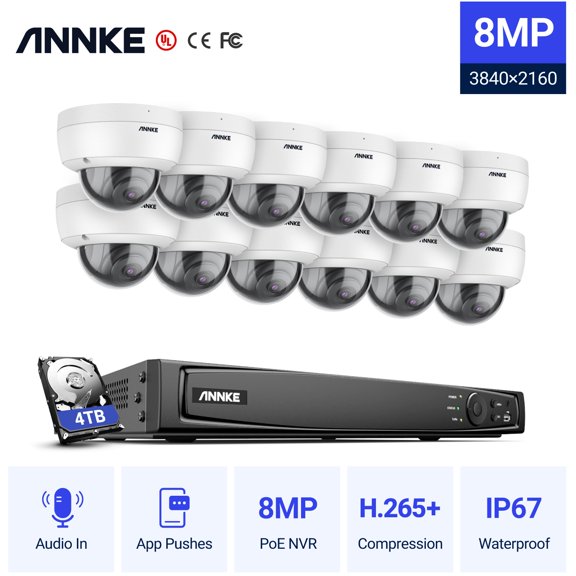 ANNKE 4K Ultra HD PoE Network Video Security System 16CH 4K H.265 Surveillance NVR 12pcs 4K HD IP67 POE CCTV Dome Cameras with 4T HDD