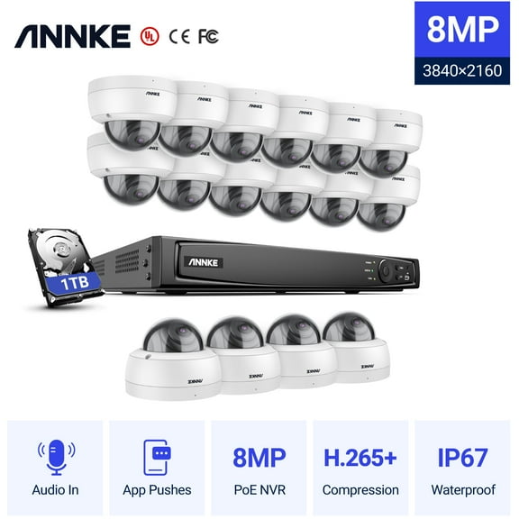 ANNKE 4K Ultra HD PoE Network Video Security System 16CH 4K H.265 Surveillance NVR 16pcs 4K HD IP67 POE CCTV Dome Cameras with 1T HDD