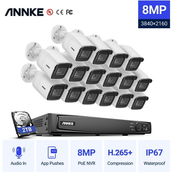 ANNKE 4K Ultra HD PoE Network Video Security System 8CH 4K H.265 Surveillance NVR 16x4K HD IP67 POE CCTV Cameras with 2T HDD