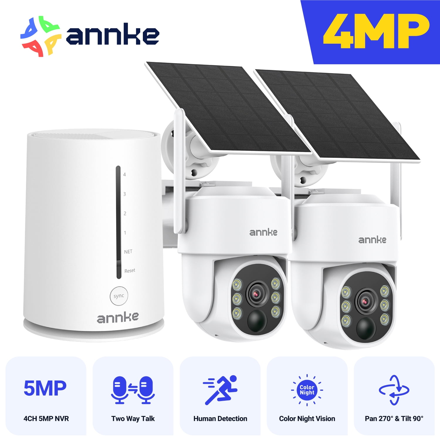 ANNKE 4MP 2K Wireless Security Camera Outdoor, 5MP 2-Cam Kit Solar Surveillance System, PIR Human Detection, 360° Pan&Tilt, Compatible with Alexa, Color Night Vision, No Monthly Fee