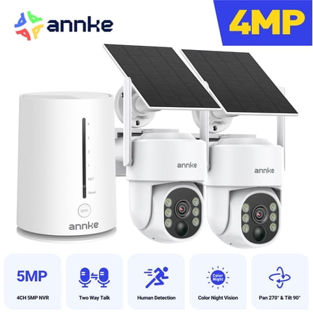 ANNKE 4MP 2K Wireless Security Camera Outdoor, 5MP 2-Cam Kit Solar Surveillance System, PIR Human Detection, 360° Pan&Tilt, Compatible with Alexa, Color Night Vision, No Monthly Fee