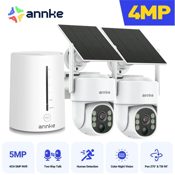 ANNKE 4MP 2K Wireless Security Camera Outdoor, 5MP 2-Cam Kit Solar Surveillance System, PIR Human Detection, 360° Pan&Tilt, Compatible with Alexa, Color Night Vision, No Monthly Fee
