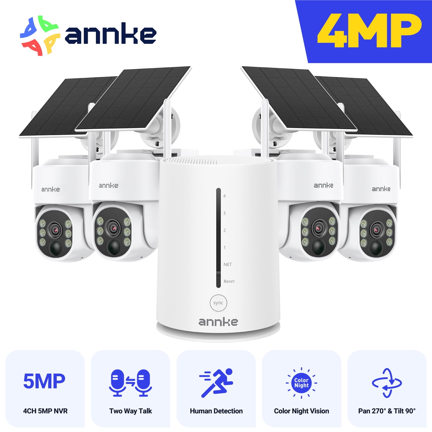 ANNKE 4MP 2K Wireless Security Camera Outdoor, 5MP 4-Cam Kit Solar Surveillance System, PIR Human Detection, 360° Pan&Tilt, Compatible with Alexa, Color Night Vision, No Monthly Fee