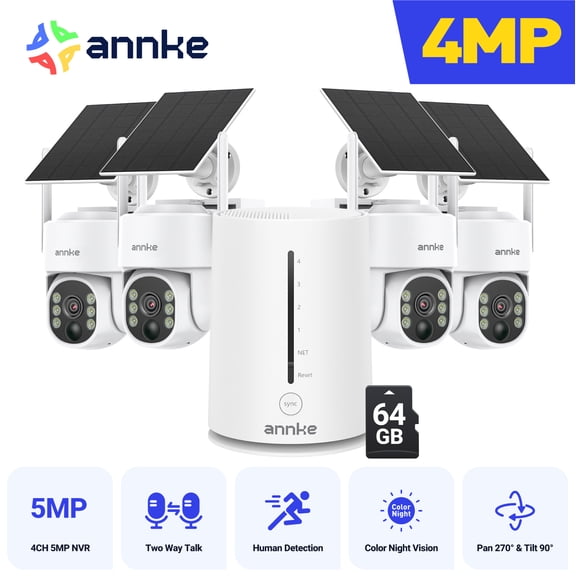 ANNKE 4MP Solar Wireless Outdoor Security Camera System, 4x Pan Tilt Cameras with 5MP Home Hub & 64GB Storage, 360 View, AI Human Detection, Color Night Vision, 2-Way Audio,Dual-Band Wi-Fi