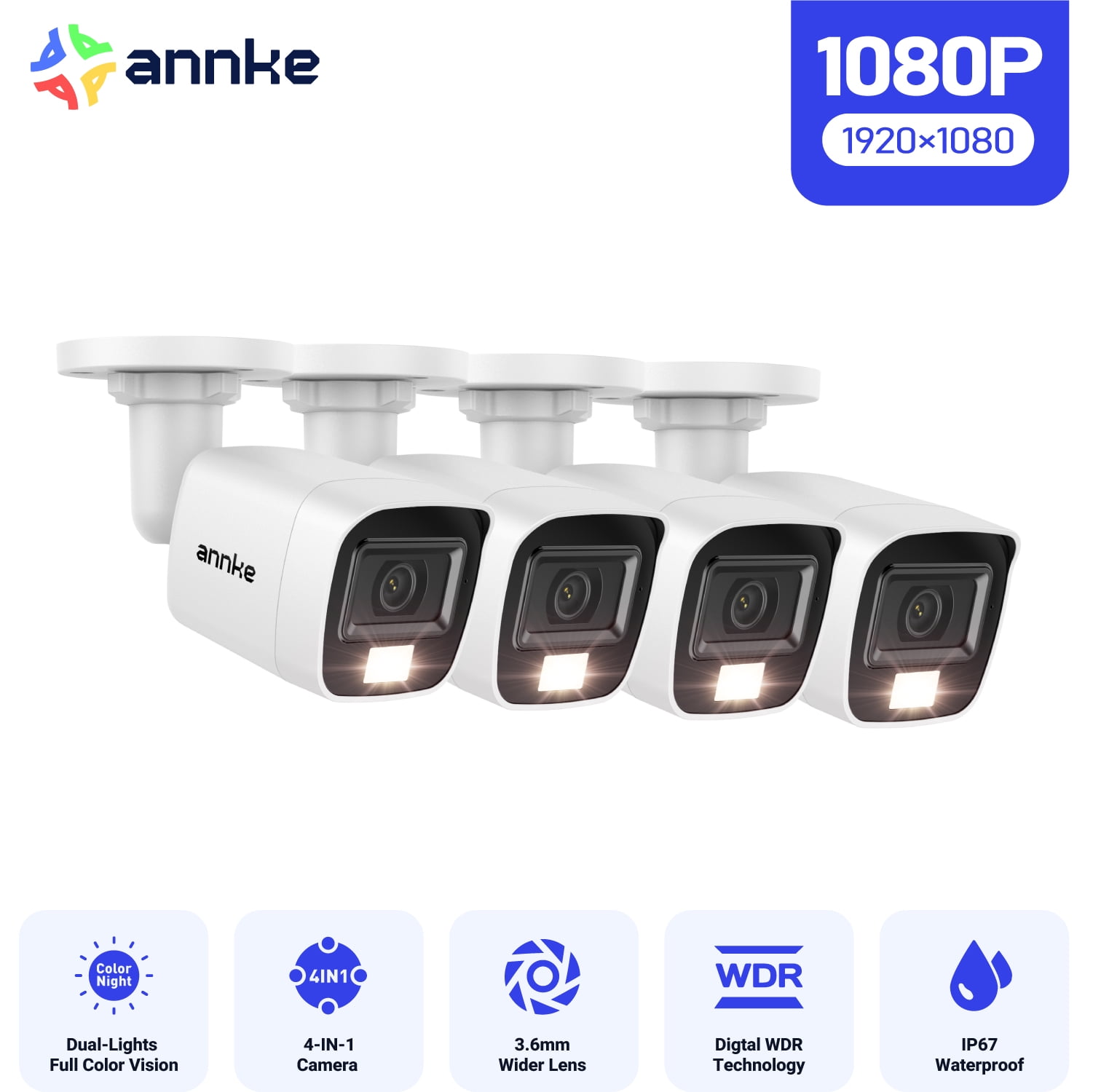 ANNKE 4PCS 1080P Surveillance Cameras 2MP IP66 Waterproof Indoor Outdoor Wired CCTV Camera Kit 20m Night Vision with Smart IR Bullet Cam White Color, Smart Dual Light