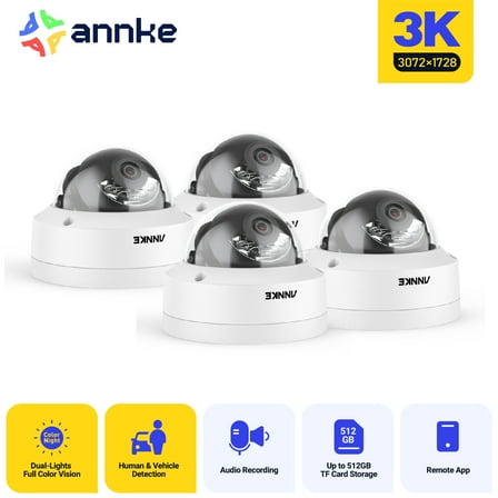 ANNKE 4PCS 3K IP Camera, H.265+ 5MP Dome PoE Camera, AI Human Vehicle Detection, Outdoor Security Camera w/Audio, 100 FT EXIR 2.0 Night Vision, Smart Dual Light, Built-in microphone, IP67