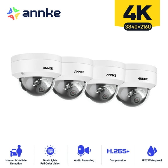 ANNKE 4PCS 4K IK10 Vandal-Resistant PoE Camera, Dual Lights Night Vision, Built-in Microphone & SD Card Slot, Turret Surveillance Wired Cameras for Home Security, Color Night Vision, 4mm Lens