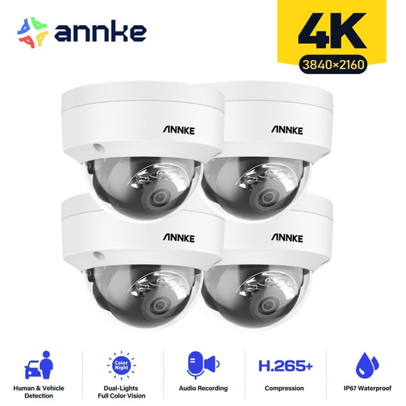 ANNKE 4PCS 4K IK10 Vandal-Resistant PoE Camera, Dual Lights Night Vision, Built-in Microphone & SD Card Slot, Turret Surveillance Wired Cameras for Home Security, Color Night Vision, 4mm Lens