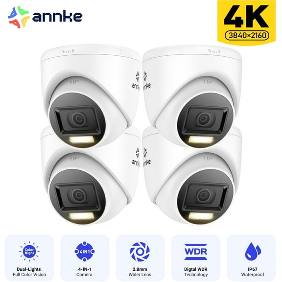 ANNKE 4PCS 4K Smart Dual Light Wired CCTV Security Camera, Color & IR Night Vision, 3840x2160@20fps, f/1.6 Super Aperture, 4-in-1 Output Signal, IP67, 2.8mm Lens, Human&Vehicle Detection
