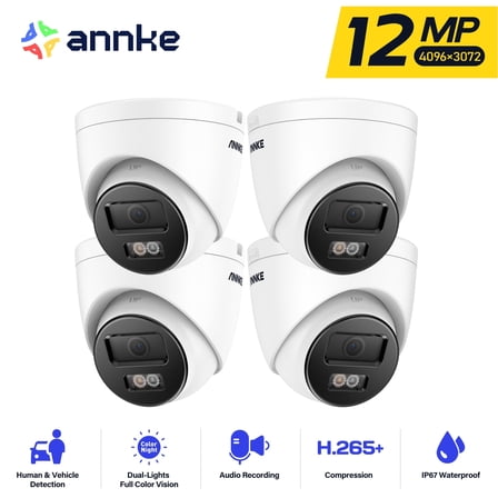 ANNKE 4PCS H.265+ 12MP Security PoE IP Dome Camera with Smart AI, Spotlight Color Night Vision, IP67 Weatherproof, Turret Cameras with Intelligent Dual Light